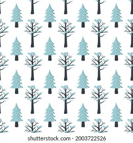 Seamless Christmas pattern with fir and tree in the snow on a white background. Happy New Year print for holiday decorations, wrapping paper, textiles and design. Wallpaper with winter nature
