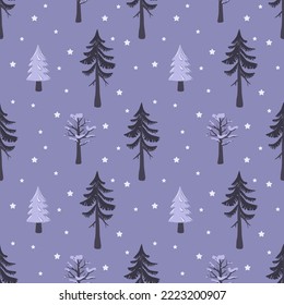 Seamless Christmas pattern with fir and tree in snow on violet background. Happy New Year print with snowflakes for holiday decorations, wrapping paper, textiles and design. Vector flat illustration