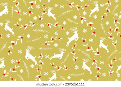 Seamless Christmas pattern with fir tree branches. berries, reindeer and snow. in vector suitable for background design, greeting cards, greetings, wallpaper, print, wrapping paper, etc.