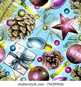 Seamless Christmas pattern with fir tree branches. Berries, pinecones and toys. Hand drawn. Vector.