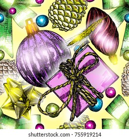 Seamless Christmas pattern with fir tree branches. Berries, pinecones and toys. Hand drawn. Vector.