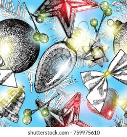 Seamless Christmas pattern with fir tree branches. Berries, pinecones and toys. Hand drawn. Vector.