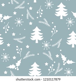 Seamless Christmas pattern with fir trees with snowflakes and stars.