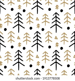 Seamless christmas pattern with with fir trees. Winter snowy forest background. Vector illustration. 10 eps