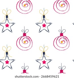 Seamless Christmas pattern with fir trees, balls, ribbons, stars and icicles. Hand drawn cartoon, texture style, Festive winter holiday background. For design, stickers, patchwork.