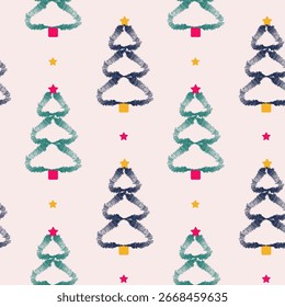 Patrón de Navidades sin fisuras con abetos, bolas, cintas, estrellas y carámbanos. Dibujado a mano de dibujos animados, estilo de textura, fondo festivo de vacaciones de invierno. Para el diseño, pegatinas, patchwork.