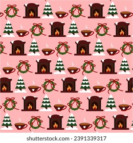 Seamless Christmas pattern with a fireplace and a Christmas tree. This asset is suitable for holiday-themed backgrounds, wrapping paper, fabric prints, and festive digital designs.