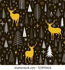 Seamless Christmas pattern with firs, snowflakes and deer.Vector