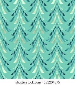 Seamless Christmas pattern. Firs, trees on light blue background. Twist stylized ornament of laurel leaves. Winter, New Year, nature texture. Vector