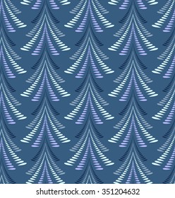 Seamless Christmas pattern. Firs, trees on dark blue background. Twist stylized ornament of laurel leaves. Winter, New Year, nature texture. Vector