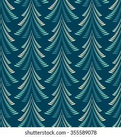 Seamless Christmas pattern. Firs, trees on dark blue background. Twist stylized ornament of laurel leaves. Winter, New Year, nature texture. Vector