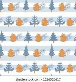 Seamless Christmas pattern. Christmas fir-tree, pinecones and spruce twigs. Vector illustration for textile, postcard, wrapping paper, poster, background, cover, t-shirt.