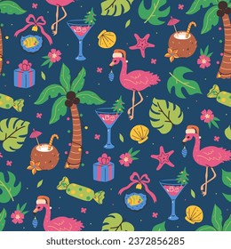 Seamless Christmas pattern with flamingos, cocktails, gifts and palm trees. Vector graphics.