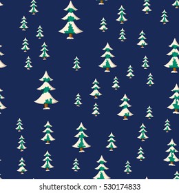 Seamless Christmas pattern with flat colored snowy firs