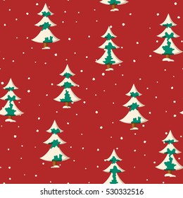 Seamless Christmas pattern with flat colored snowy firs