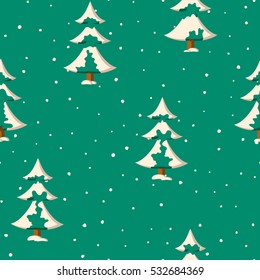 Seamless Christmas pattern with flat colored snowy firs