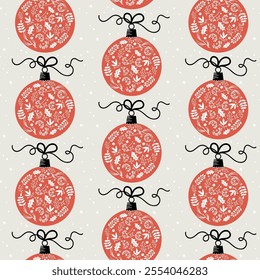 Seamless Christmas pattern. Flat style design with festive ornaments, leaves, and stars on a light background. Ideal for Holiday gift wrapping, seasonal decor and digital projects, vector illustration