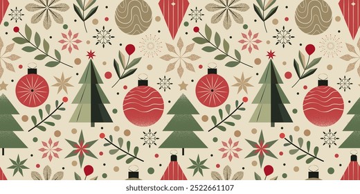 Seamless Christmas Pattern – Flat-Style Vector Design with Festive Ornaments, Leaves, and Stars on a Light Background. Ideal for Holiday Gift Wrapping, Seasonal Decor, and Digital Projects