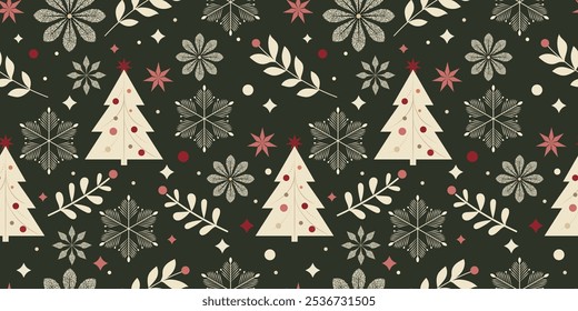 Seamless Christmas Pattern – Flat-Style Vector Design with Festive Ornaments, Leaves, and Stars on a dark Background. Ideal for Holiday Gift Wrapping, Seasonal Decor, and Digital Projects