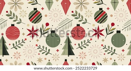 Seamless Christmas Pattern – Flat-Style Vector Design with Festive Ornaments, Leaves, and Stars on a Light Background. Ideal for Holiday Gift Wrapping, Seasonal Decor, and Digital Projects
