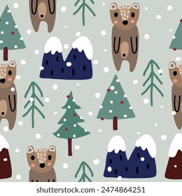 Seamless Christmas pattern with forest bear,Christmas tree,mountains and snow use for wallpaper,textures and print.