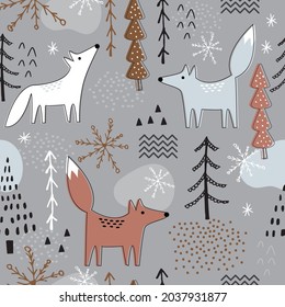 Seamless Christmas pattern with forest and fox design