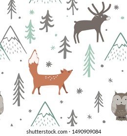 Seamless Christmas pattern with forest trees, mountains, fox, owl and deer. Happy New Year background. Xmas Vector design for winter holidays. Child drawing style nature forest illustration.