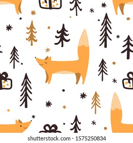Seamless Christmas pattern with forest trees, present box, and happy foxes. Happy New Year background. Xmas Vector design for winter holidays. Child drawing style nature forest illustration.
