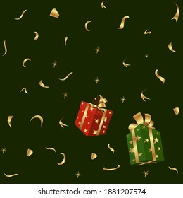 
seamless christmas pattern in the form of gift boxes with golden ribbons on a dark green background with golden sweets