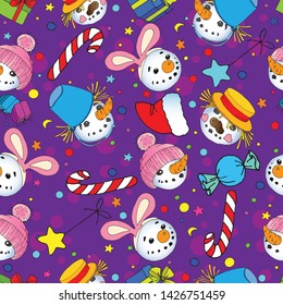 Seamless Christmas pattern in the form of snowmen, gifts, sweets and confetti on a purple background.
                                                                      