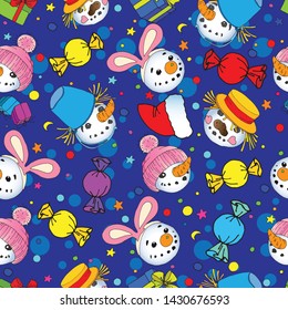 Seamless Christmas pattern in the form of snowmen, gifts, Christmas balls and confetti on a  purple background.