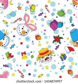 Seamless Christmas pattern in the form of snowmen, gifts, sweets and confetti on a white background.