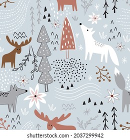 Seamless Christmas pattern with fox and moose design