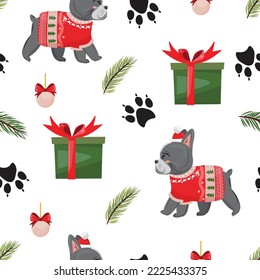 Seamless Christmas pattern with French bulldog, gift boxes, paw prints, pine branches and balls.