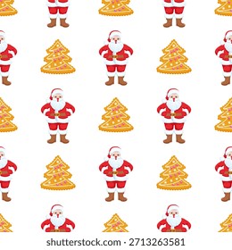 Seamless Christmas pattern with full body Santa Claus and festive gingerbread tree cookie on white background. Holiday winter paper. Editable vector illustration.