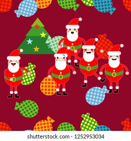 Seamless Christmas pattern with fun Santa Claus. A variety of emotions. Vector illustration on red background. Can be used for wallpaper, textile, invitation card, wrapping, web page background.