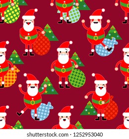 Seamless Christmas pattern with fun Santa Claus. A variety of emotions. Vector illustration on red background. Can be used for wallpaper, textile, invitation card, wrapping, web page background.
