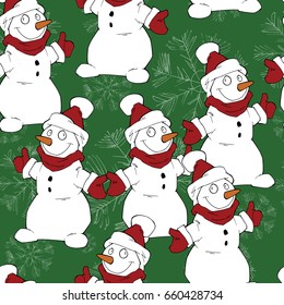 Seamless christmas pattern with funny cartoon snowman