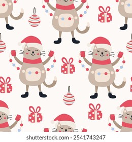 Seamless Christmas pattern with funny cat in Santa costume, with garland lights, gift box and ornaments. Perfect for holiday wrapping paper and textiles