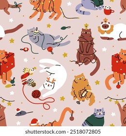 Seamless Christmas pattern with funny cats. Adorable cute felines with holiday decorations, endless fun background. Repeating print for wrapping, textile, fabric. Flat graphic vector illustration