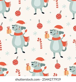 Seamless Christmas pattern with funny dog in Santa chat, with gift box, candy cane and ornaments. Perfect for holiday wrapping paper and textiles