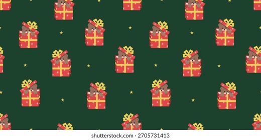 Nahtloses Weihnachtsmuster. Ein lustiger kleiner Bär guckt aus einer Geschenkbox. Hintergrund der Vektorgrafik.