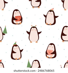 Seamless Christmas pattern with funny penguins. Simple cartoon style, white background.