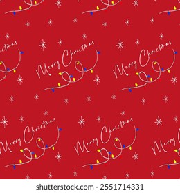 Seamless Christmas pattern with garlands, snowflakes, and "Merry Christmas" text on a vibrant red background. Ideal for holiday designs, gift wraps, greeting cards, and seasonal decor.