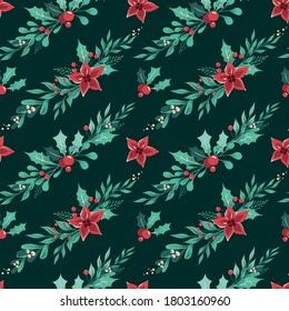 Seamless Christmas pattern with with garlands of winter plants, leaves, berries and flowers arranged diagonally on a dark green background. Decorative wallpaper, good for printing. Vector. New Year.