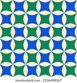 Seamless Christmas pattern  geometric shapes  blue and green on a beige background. Trendy aesthetic retro style New Year print for wrapping paper, table cloths, vintage textile 