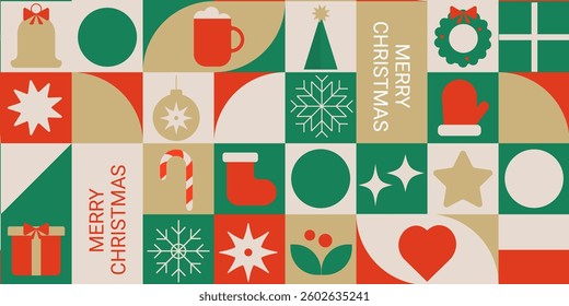 Seamless Christmas pattern with geometric shapes. Merry Christmas. New Year abstract background in flat style.