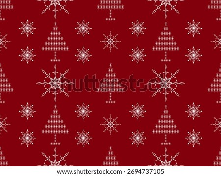 Seamless Christmas pattern with geometric Christmas trees and white snowflakes on a dark red background. For the winter festival.