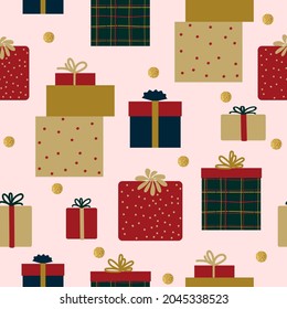 Seamless Christmas pattern, gift box, gold confetti, white background. Fabric material, packaging, wallpaper, design for textiles, vector illustration