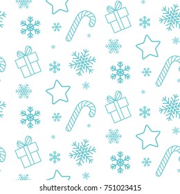 seamless christmas pattern with gift boxes, christmas candies, stars and snowflakes in a minimalistic style. Suitable for wrapping paper, greeting cards etc.